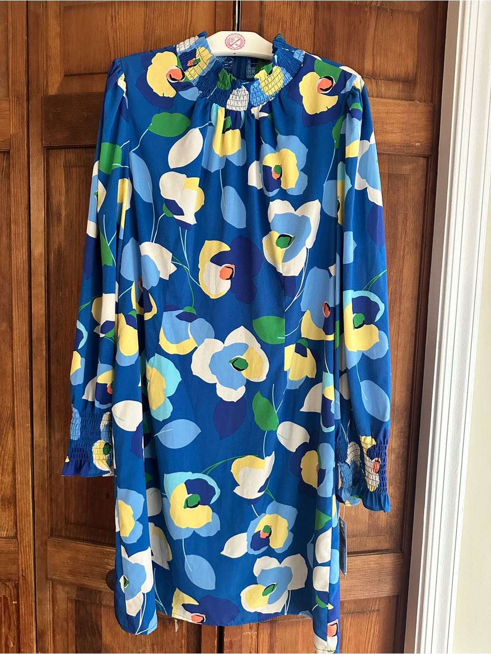 Donna Morgan Nordstrom Blue Floral Long-Sleeve Smocked Neck Dress NWT 16